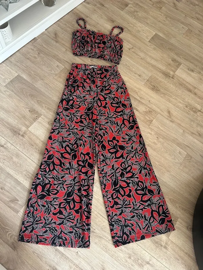 Promod ensemble pantalon, fluide, imprimé+ crop top femme, taille 40
