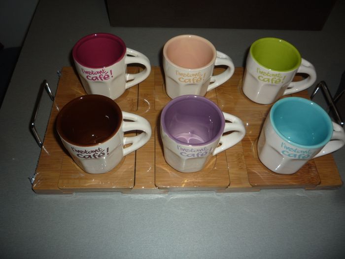 SERVICE A CAFÉ : 6 TASSES + 6 CUILLERS + PLATEAU BOIS "LE TEMPS DU CAFÉ" - NEUF - n°28 - photo numéro 5