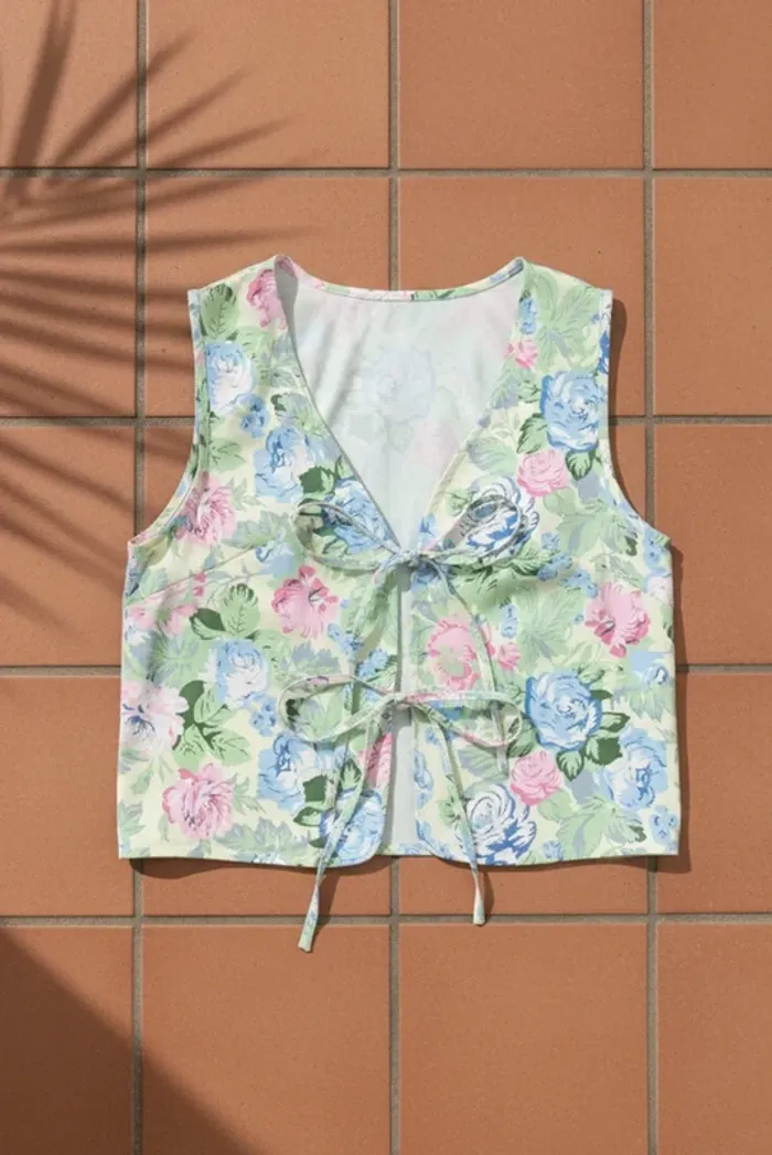 Gilet sans manches fleuri, liens à nouer, taille S, style bohème rétro chic