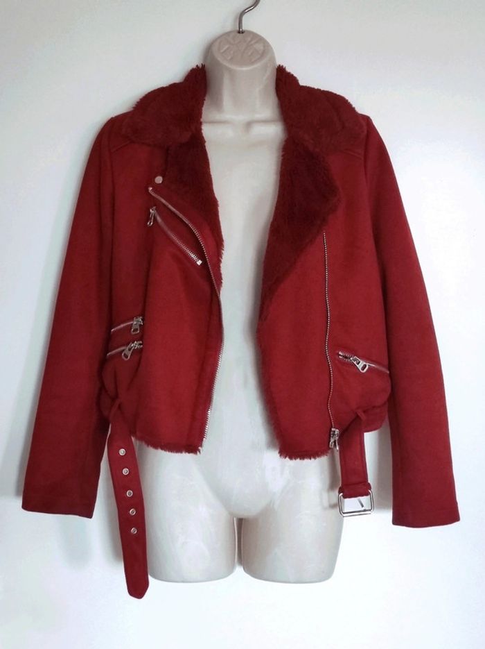 Perfecto blouson veste daim col fourrure rouge foncé / Pimkie - 36/S à 38/M - photo numéro 10