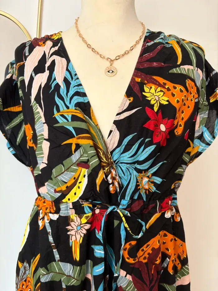 Robe maxi taille cintrée par lien imprimé oiseaux tropicaux Promod taille 42 - photo numéro 4