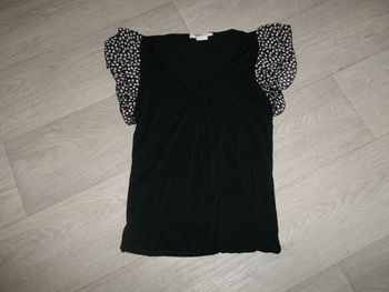Tee shirt JUS D'ORANGE noir et manches froufrous à pois blancs taille 38 TBE