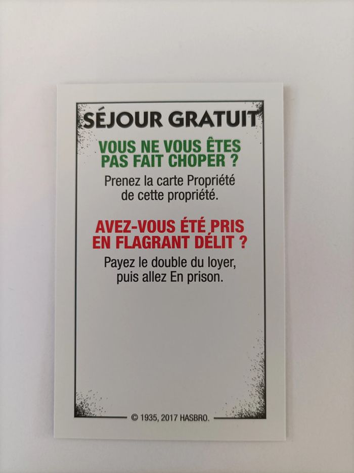 Carte séjour gratuit pièce détachée Monopoly édition tricheurs Hasbro gaming #A28