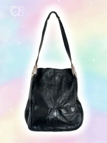 Sac seau bandoulière cuir noir Vintage / Ailée - 30×25×11 cm