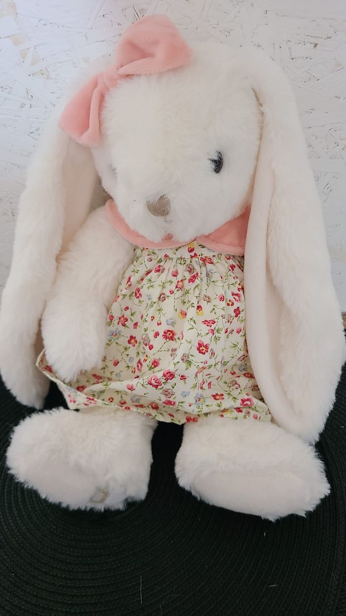 Doudou peluche lapin blanc rose robe fleurs BUKOWSKI - photo numéro 2