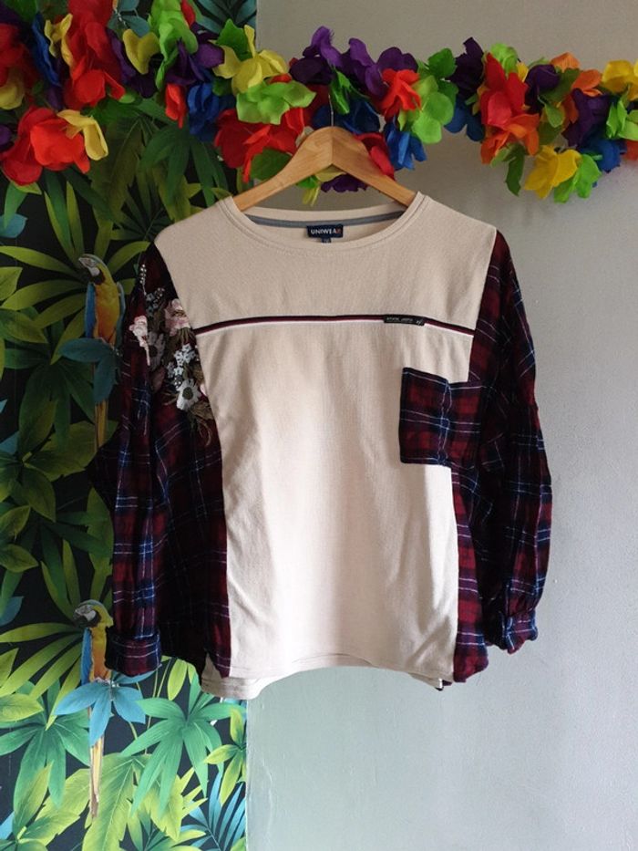 Top bi-matiere sweat chemise brodé