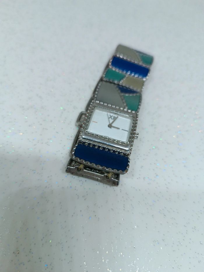 Montre art déco vintage argenté élastique émaillé émaille vert bleu émeraude dpr ldadpr watch quartz - photo numéro 6