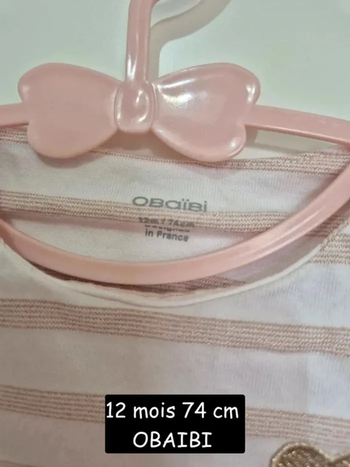Collection 2025 T-shirt marinière rayé OBAIBI 12 mois 74cm  coton bio rose bébé fille - photo numéro 4