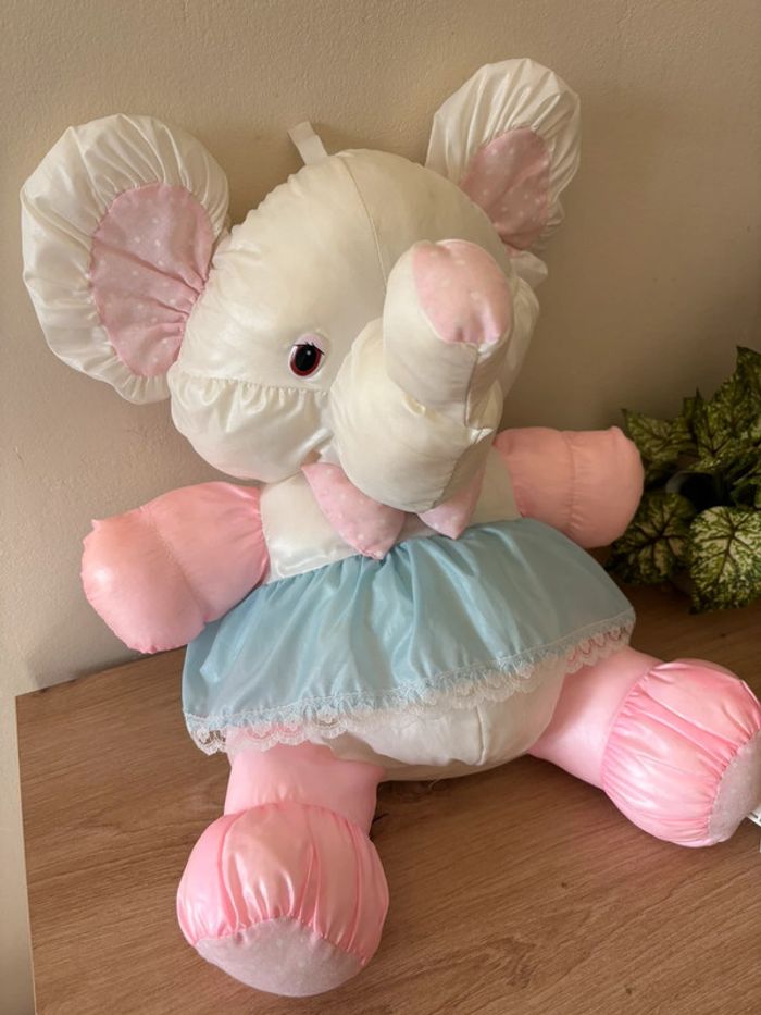 Vintage ancienne peluche éléphant puffalump rose robe bleu bikin - photo numéro 2