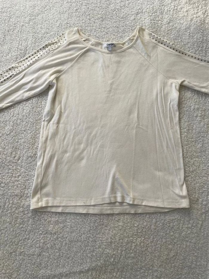 Haut t-shirt manches longues blanc manches trois quart avec strass