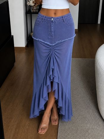 Magnifique Jupe longue asymétrique bleu drapée style Y2K chic