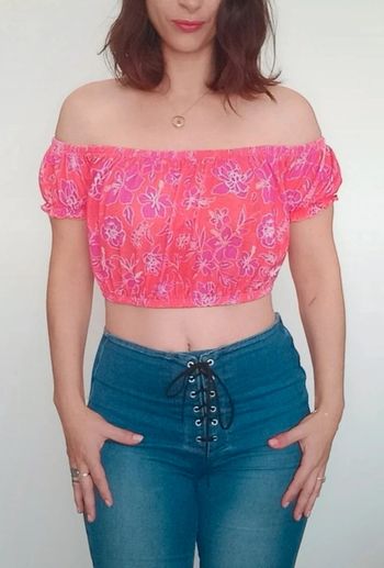 Top crop corail fushia fleuri taille 36