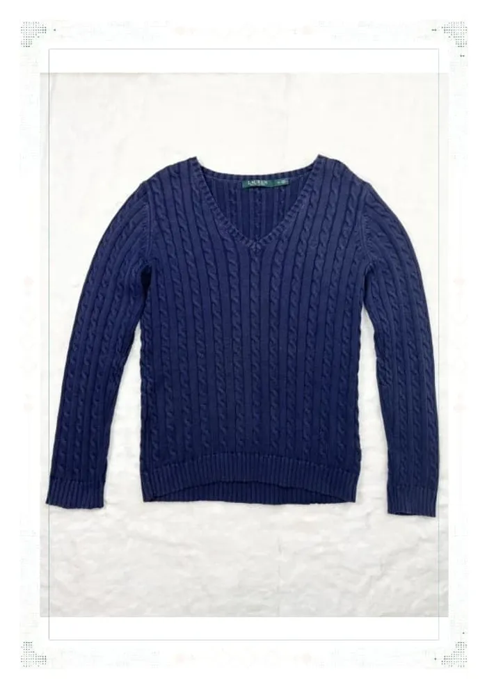 Ralph Lauren pull femme coton torsadé bleu marine col V taille S - photo numéro 2