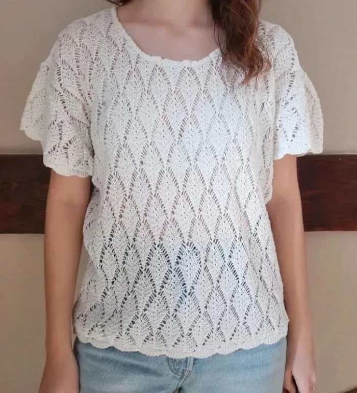 Top blanc maille ajourée coton acrylique - photo numéro 2