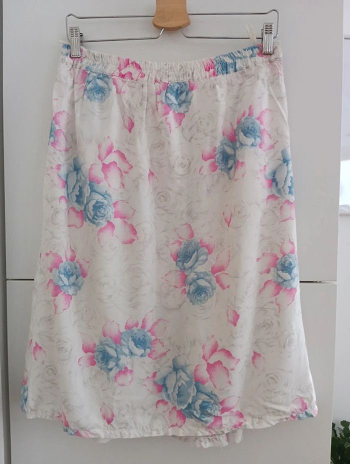Jupe vintage viscose écrue fleurs bleu/rose - photo numéro 4