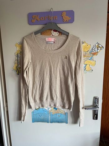 Pull beige à paillettes et filaments dorés, taille S, marque Le Temps des Cerises.
