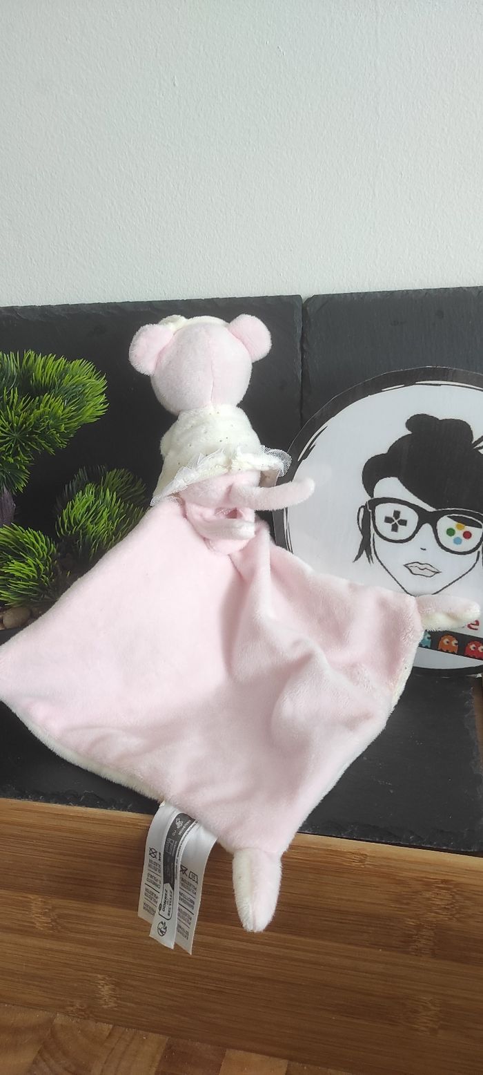 Doudou souris rose robe blanche mouchoir mots d'enfants Leclerc doré pois  Noeud - photo numéro 2