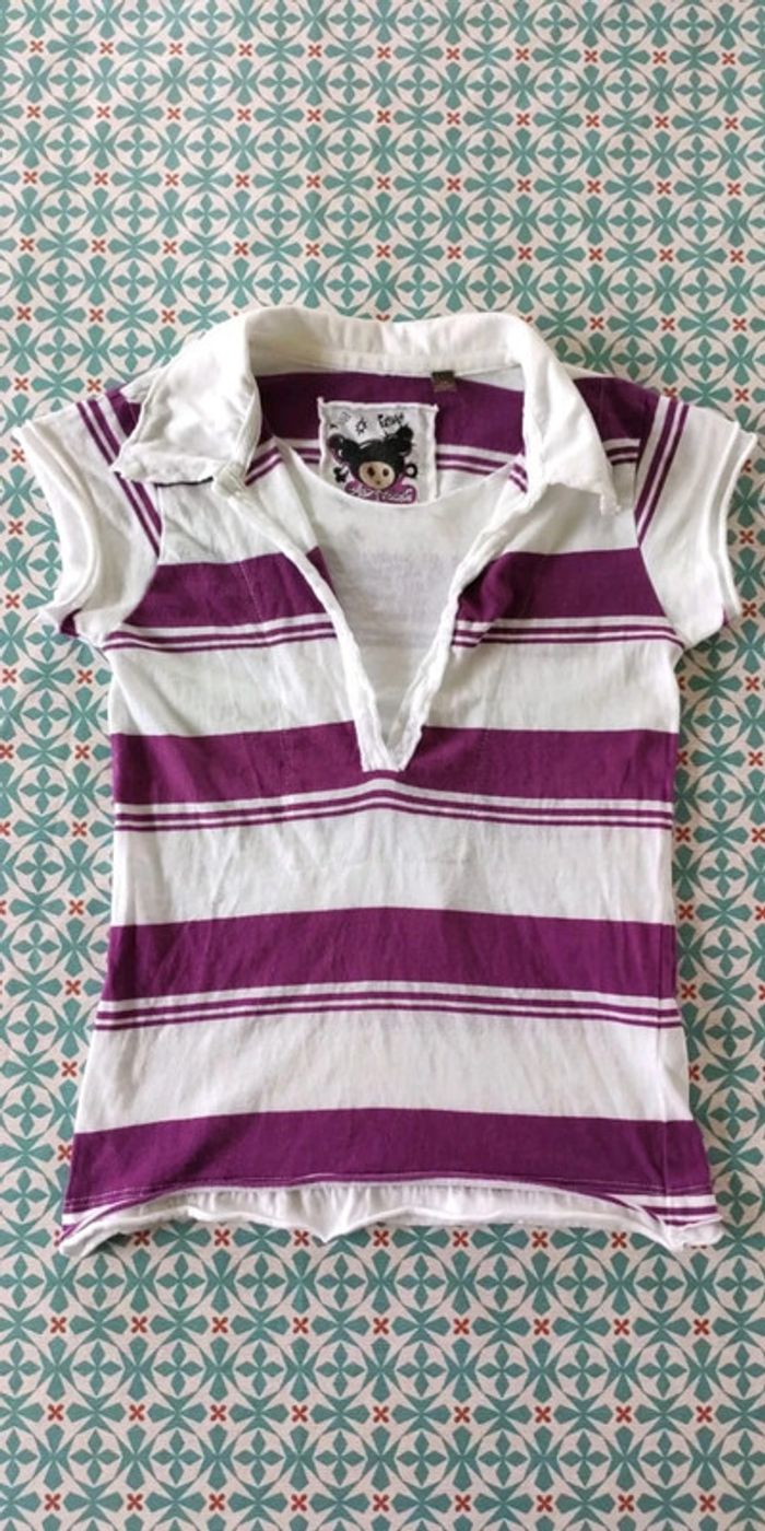 Polo fille rayé violet et blanc 8 ans
