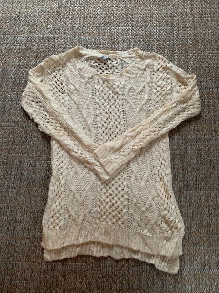 Pull long D’hiver façon tricot Knitwear cable vintage beige crème - photo numéro 2