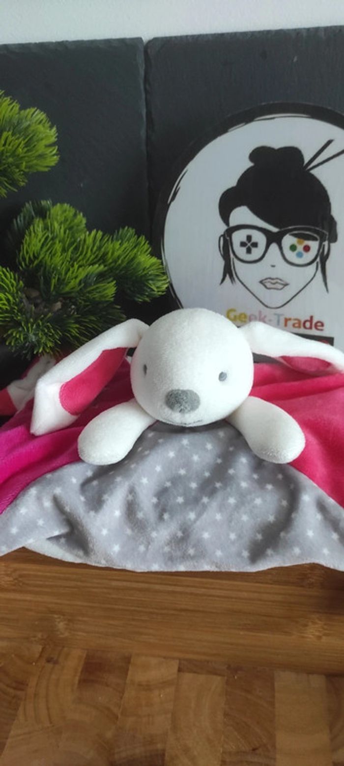 doudou lapin obaibi Okaidi blanc rose gris etoile rond pois Framboise Noeud