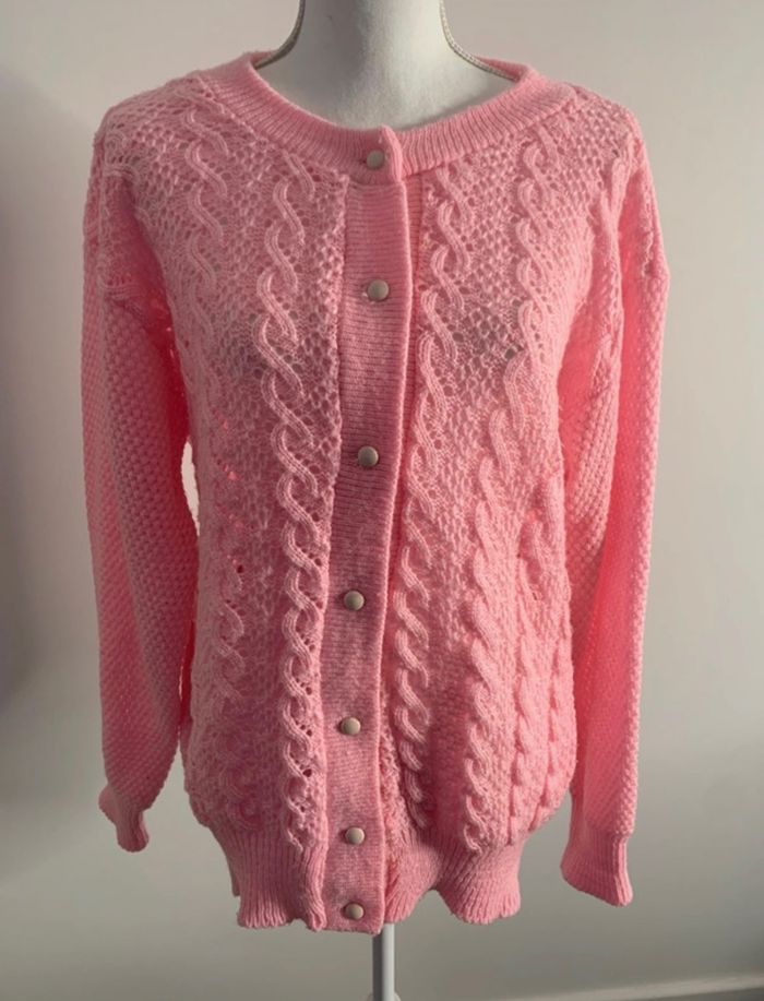 Cardigan en laine rose bonbon mailles torsades Vintage T44 XXL - photo numéro 4