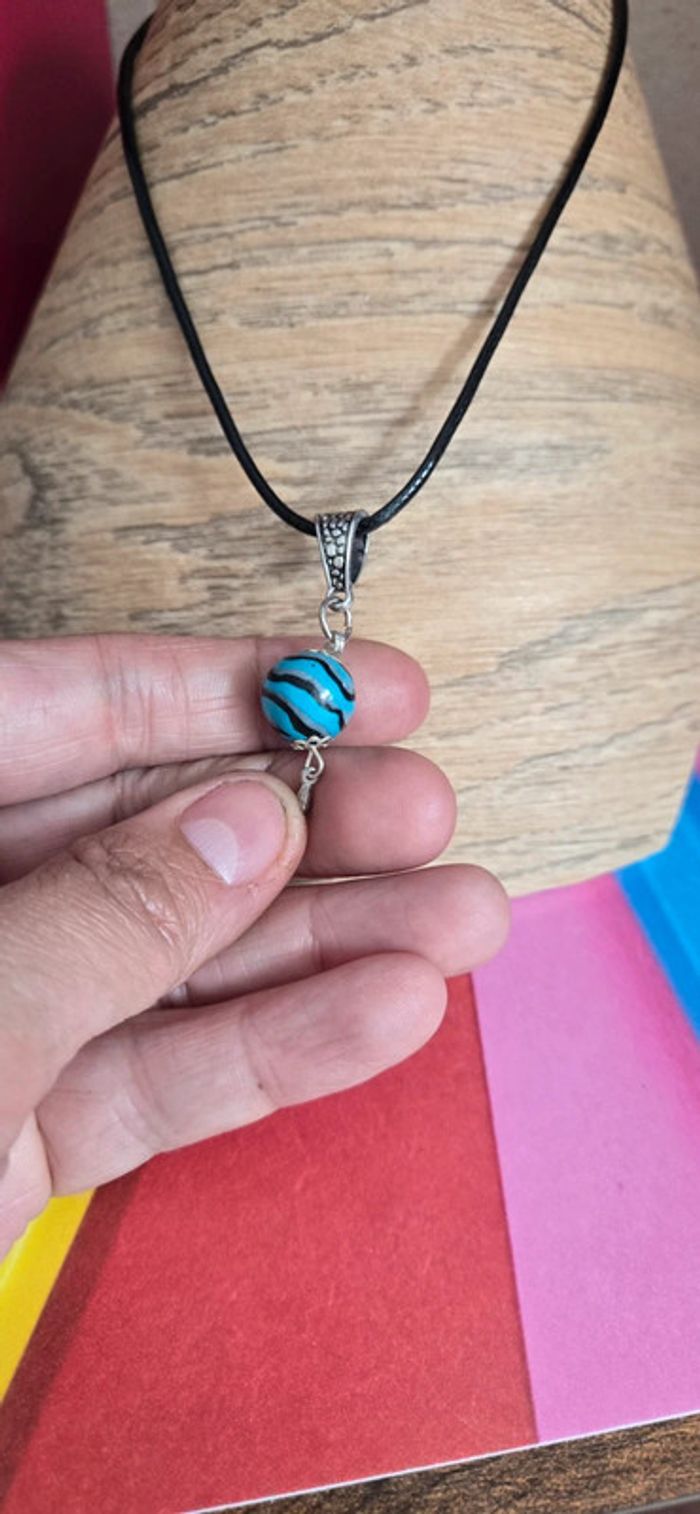 Collier perle duo noir et turquoise fimo neuf - photo numéro 3