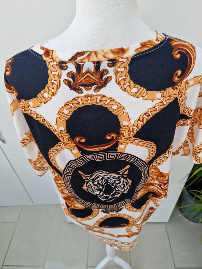 T-Shirt Blanc Noir Imprimé Tigre Chaines Dorés - photo numéro 5