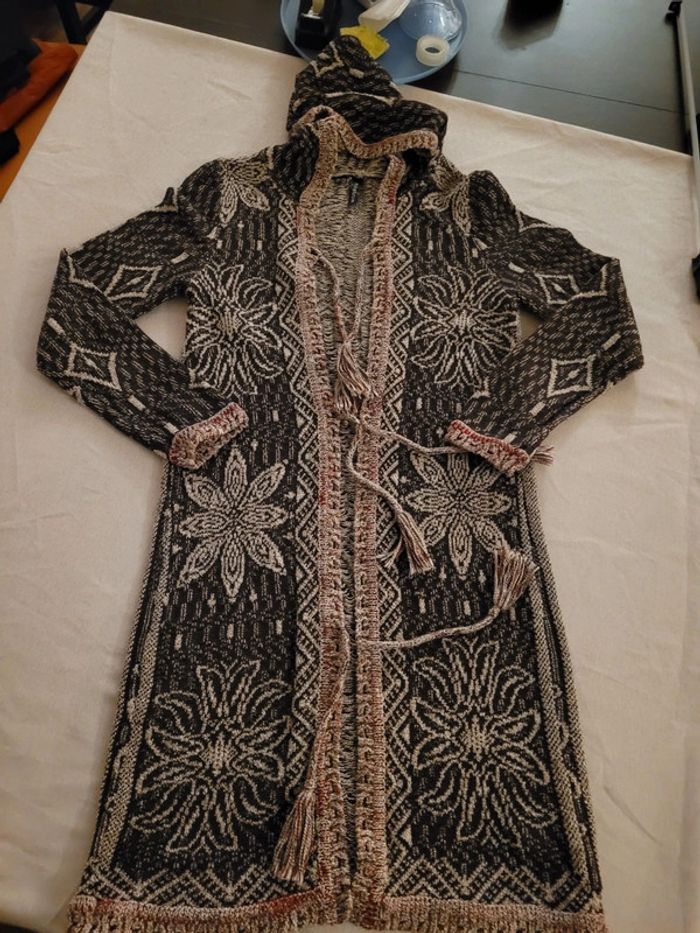 Veste gilet long à capuche en maille, marron et beige - photo numéro 5