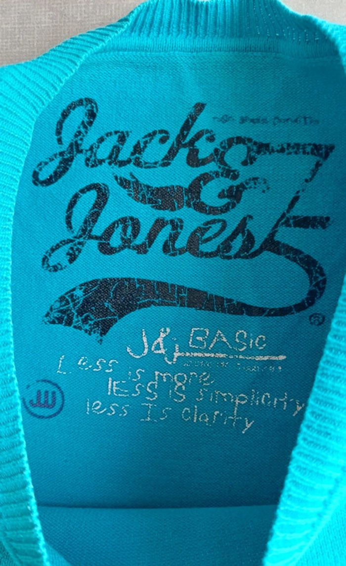 Pull à col V léger bleu turquoise Jack and Jones homme taille M logo brodé - photo numéro 7