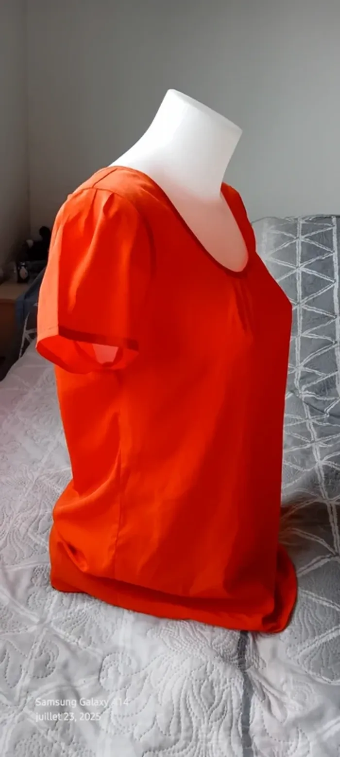 Blouse légère manches courtes col rond ouverture goutte d eau au dos orange femme L - photo numéro 4