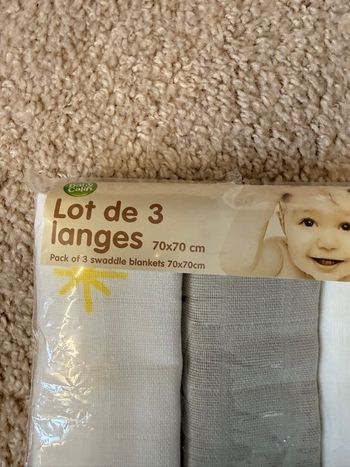 Lot de 3 langes bébé Babycalin 70x70 cm – Neuf sous emballage
