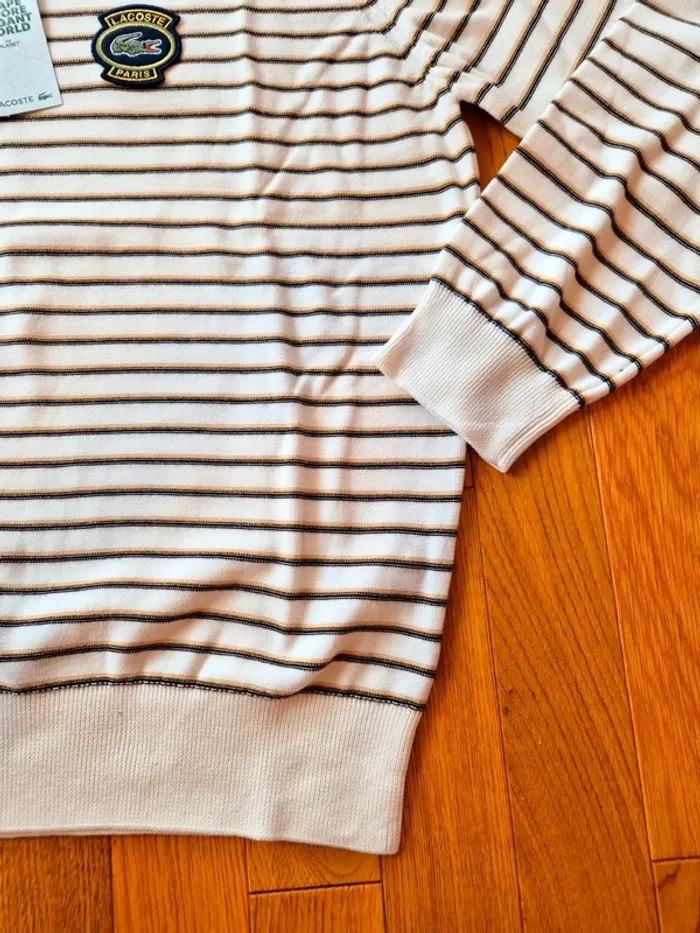 Pull "Lacoste" Blanc à rayures Taille XL neuf sous blister 100 % coton organique. - photo numéro 12