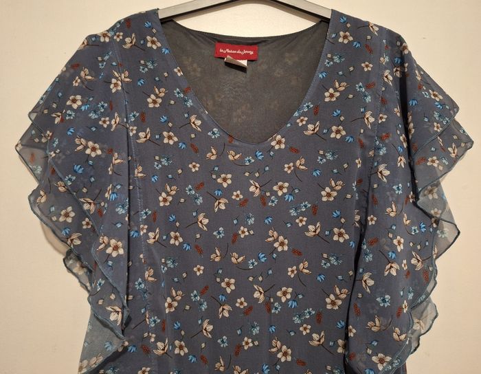 Robe grande taille bleu grisé et fleurie avec la ceinture assortie - photo numéro 2