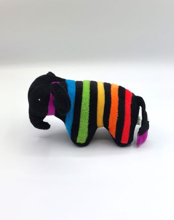 Petite peluche doudou éléphant noir rayures multicolores CAPAROL queue pinceau
