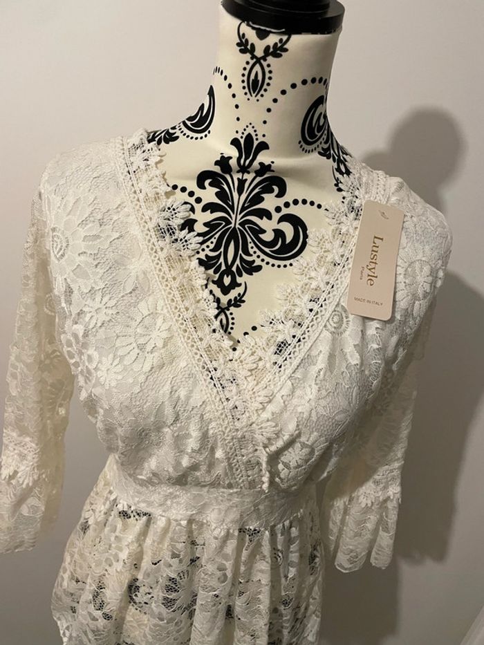 Blouse à manches 3/4 blanc à dentelle col V cache cœur taille élastique neuf lustyle taille 38 - photo numéro 6