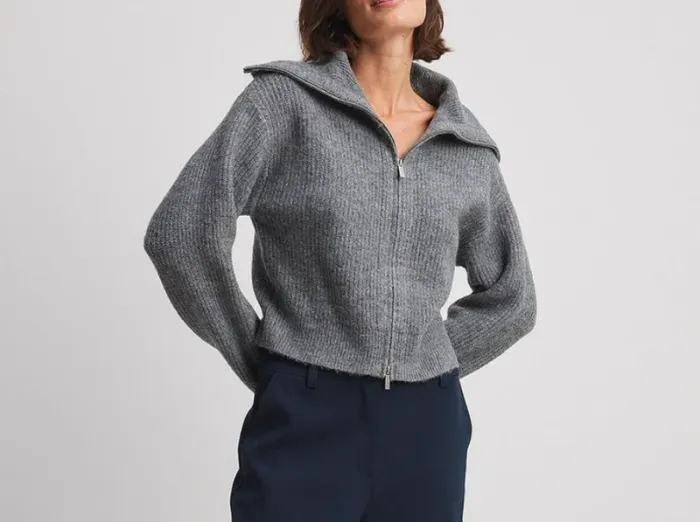 cardigan gilet tricoté avec col zippe na-kd gris - photo numéro 6