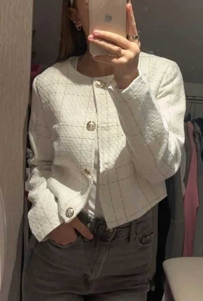 Veste Femme Tweed Carreaux Blanc Doré - Taille S Neuve Chic Printemps
