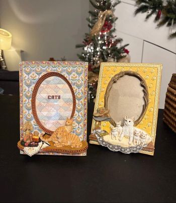 Lot de 2 cadres photo chat en relief vintage kitsch - très bon état