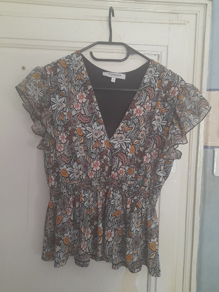 Haut/T-shirt marron fleuri, marque Morgan, taille S - photo numéro 1