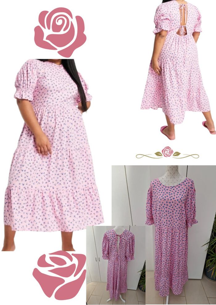 Robe Longue Rose Imprimé Fleurs Bleu Avec Volants