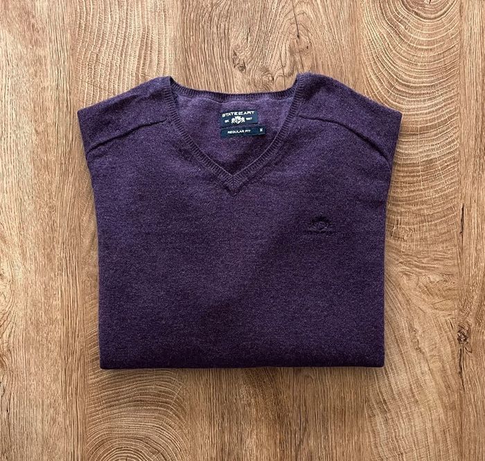 Pull col V violet State of Art en laine pour homme, taille M