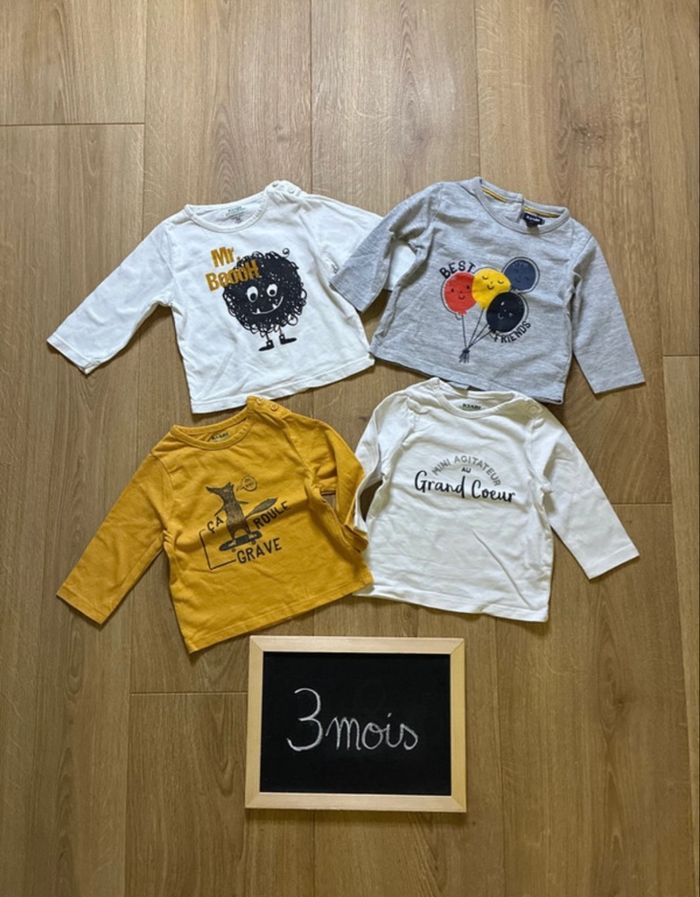 Lot 4 t-shirts manches longues Kiabi 3 mois – Mr Booh, ballon, mini agitateur, loup skate