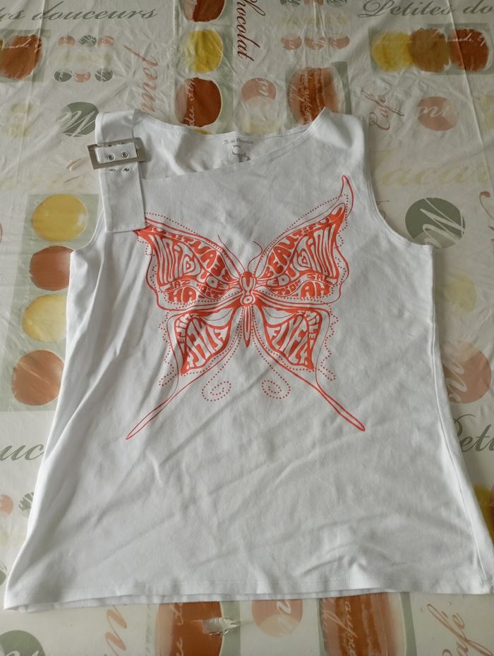 Débardeur blanc papillon orange Chose Promise taille XL neuf 3€ - photo numéro 1