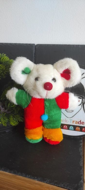 Ancienne peluche Souris Clown vintage bleue rouge blanc orange riegelen cadolzburg