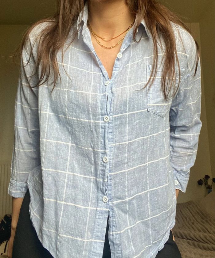 Chemise courte old money school bleu turquoise clair rayure blanc