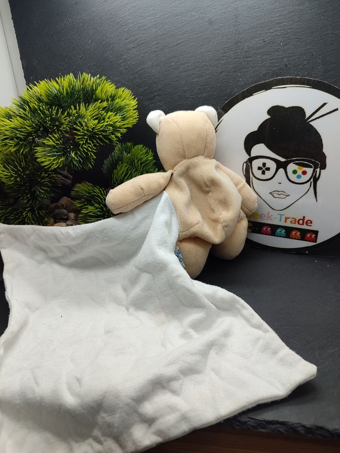 Doudou plat ours marron Blanc Beige Cajou mouchoir noeud bleu étoile Ancien - photo numéro 2