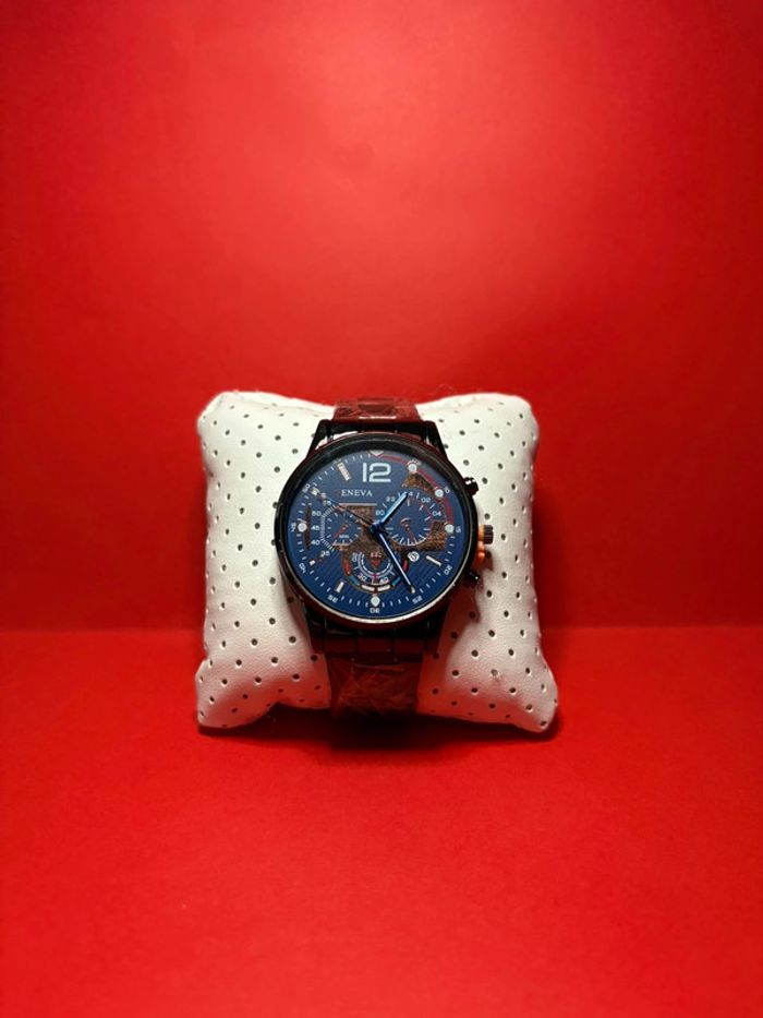 montre Geneva noir, cadran bleu à quartz pour hommes avec date