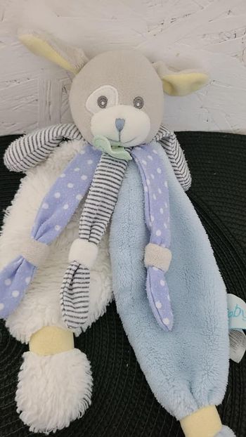 Doudou plat chien gris blanc bleu jaune Poupi BABY NAT