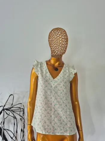 Blouse Manches Courtes Verte et Crème Femme Taille L/40