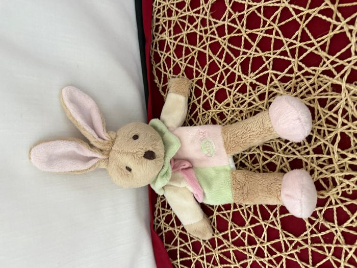 DOUDOU PLAT MARIONNETTE BABY NAT LAPIN ROSE VERT BEIGE